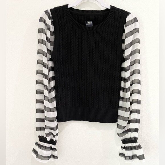 Anthropologie Puff Sleeve Cable Knit Sweater Feminine Ruffle Dainty Preppy Lace - Picture 2 of 8